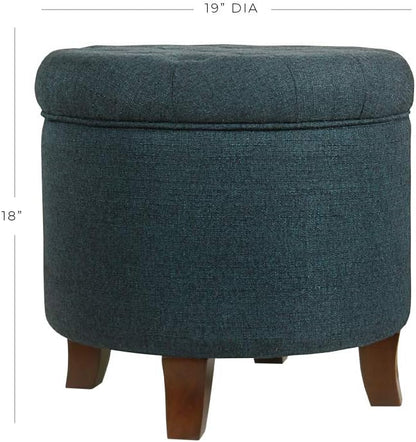 HomePop by Kinfine Fabric Upholstered Round Storage Ottoman - Velvet Button Tufted Ottoman with Removable Lid, Indigo Blue Woven