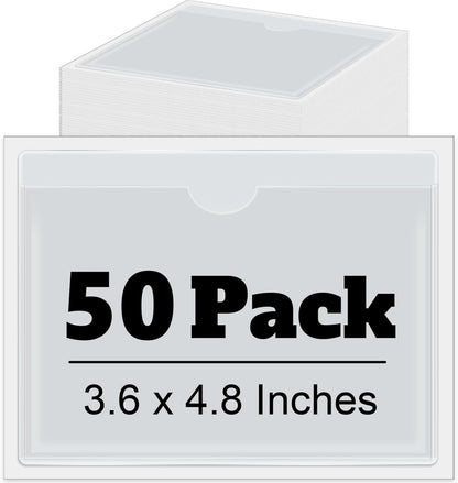 Chinco 50 Pack Clear Adhesive Pockets, Labels for Storage Bins, Plastic Self Adhesive Index Card Holder with Top Open for Organizing Bins Box Drawer(3.6 x 4.8 Inches)