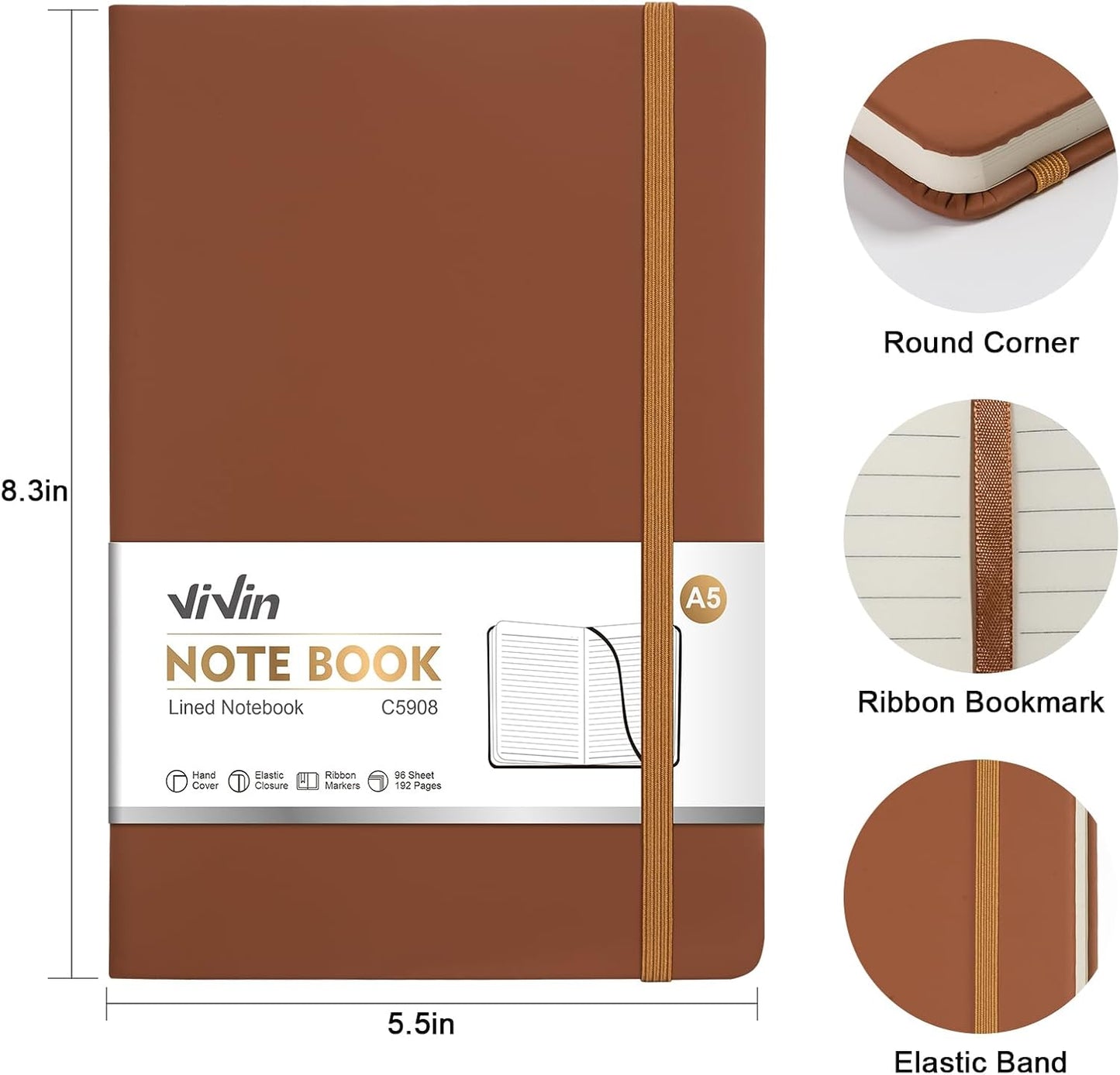 ViVin Lined Journal Notebooks for Work, 192 Pages, Medium 5.5 x 8.3 inch, College Ruled, A5 Hardcover Journaling Notebooks for Writing, 8 Pack Bulk