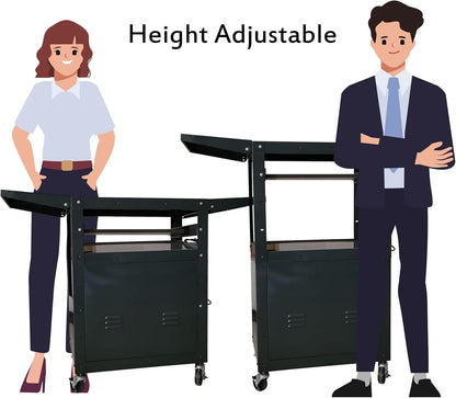 AV Cart with Locking Cabinet and Keyboard Tray Height Adjustable Utility Cart with Extra Storage,Computer Cart with Wheels and Power Strip for Presentations Office Holds 300 Lbs(Black/43”x18”x43”)