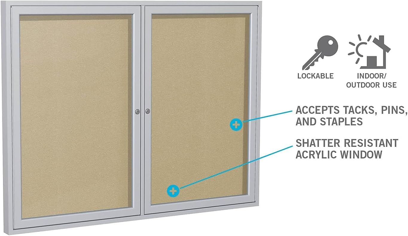 Ghent 36"x60" 2-Door Outdoor Enclosed Vinyl Bulletin Board, Shatter Resistant, with Lock, Satin Aluminum Frame - Silver (PA23660VX-193), Made in The USA