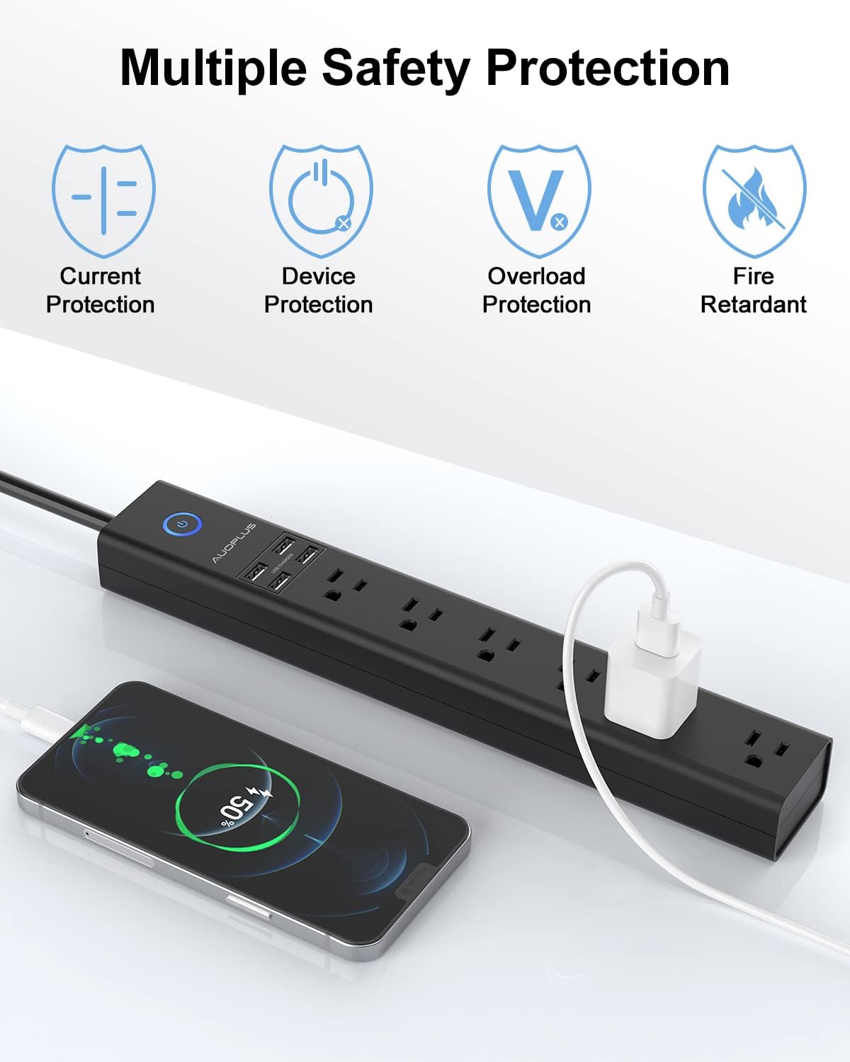 2 Pack Power Strip Surge Protector - AUOPLUS 6 Outlets 4 USB Ports 6Ft Long Extension Cords, Flat Plug Overload Protection, 2100 Joules, Wall Mount for Home, Office and Dorm Essential, ETL Listed