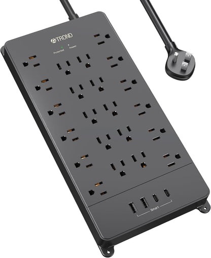 TROND Surge Protector Power Strip, 5ft Flat Plug Extension Cord with Multiple Outlets, 22 Widely Spaced AC with USB Ports, 4000 Joules, Heavy Duty, Wall Mount, Under Desk, ETL Listed, Black