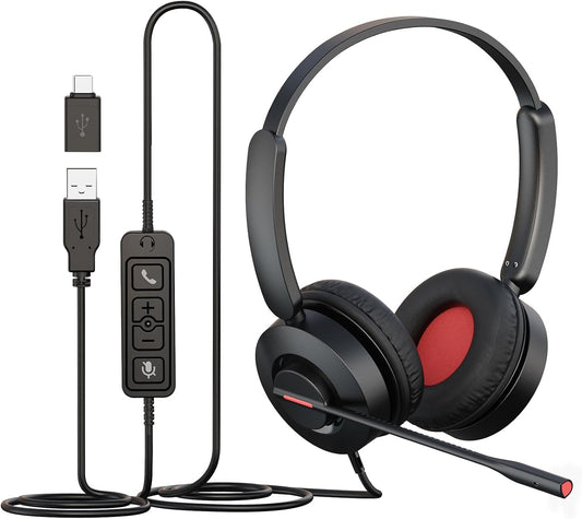 MAIRDI USB Headset with Microphone, USB-A/USB-C PC Headset with Mic Noise Cancelling, Wired Computer Headset with Mute for Laptop Business Work Home Office Call Centers Teams Zoom Comfort