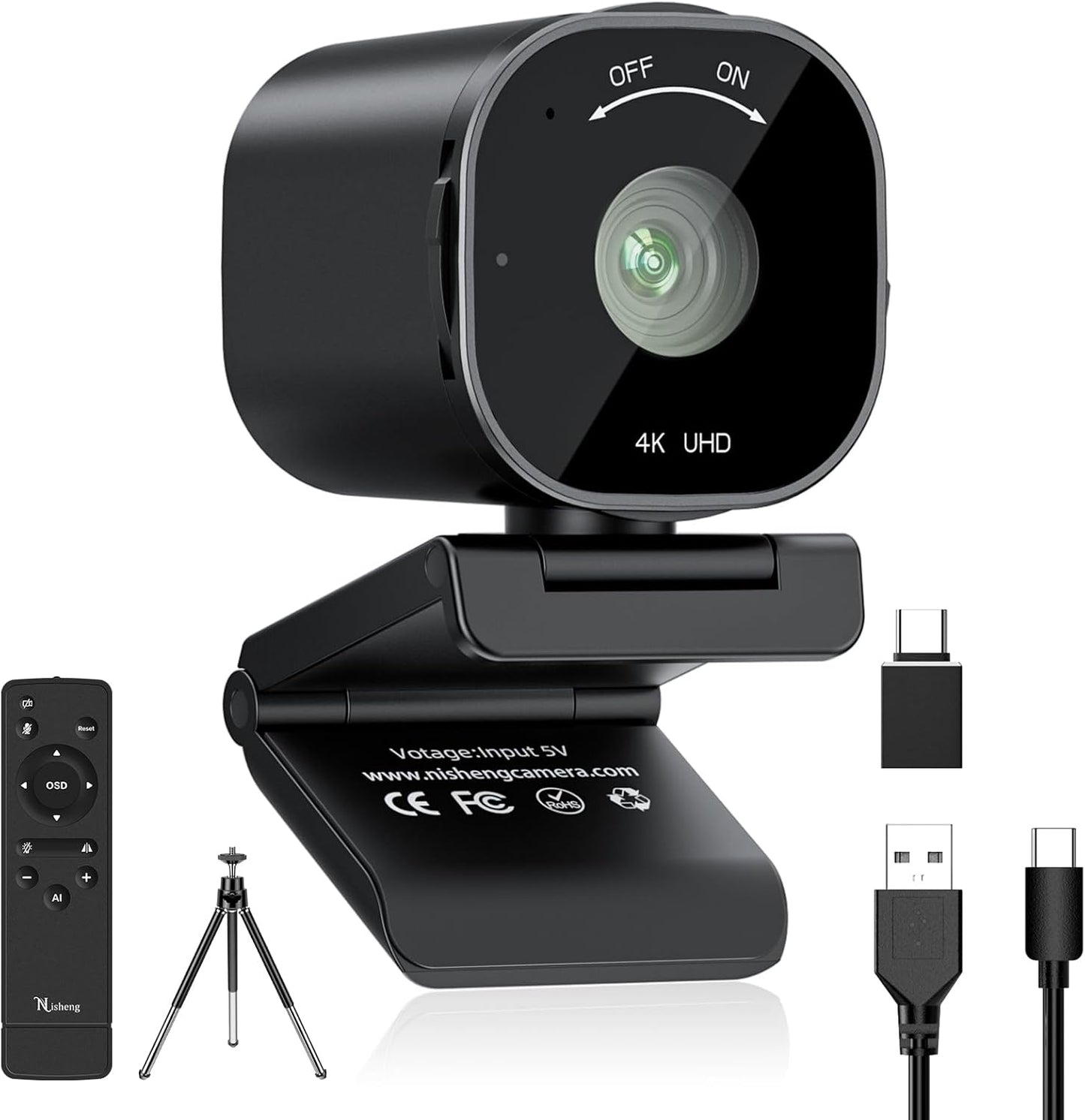 4K USB Webcam with 4 Noise-Canceling Mics, 50-92 FOV, Built-in OSD & Privacy Cover, Plug & Play for Zoom, Teams, Recording