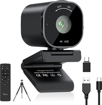 4K USB Webcam with 4 Noise-Canceling Mics, 50-92 FOV, Built-in OSD & Privacy Cover, Plug & Play for Zoom, Teams, Recording