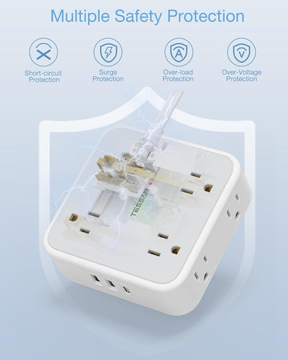 Surge Protector Flat Extension Cord Flat Plug Power Strip, 8 AC Outlets, 3 USB Charger(1 USB C Port) 3-Sided Outlet Extender, 5 Ft, 900 Joules Protection, Office Supplies, Dorm Room Essentials, Grey