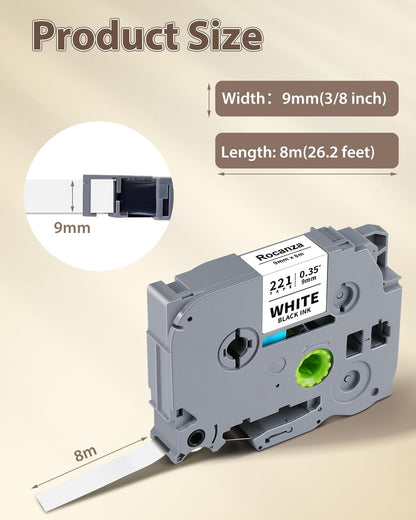 TZe-221 TZ Tape 9mm 0.35 Laminated White Compatible with Brother Label Maker Tape TZe-221 PTouch 3/8" Work with Brother PTouch D220 PTD210 PTH110 PTH111 PTP710BT PTD400 Cube, 6-Pack