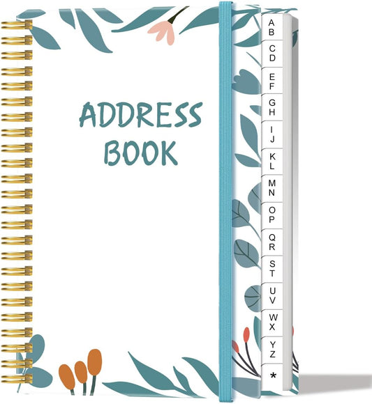 Address Book with Alphabetical Tabs - Small Address Book Spiral with Address Contacts, Special Date, Phone, Birthday & Internet Login Password for Home and Office, 4.3" x 6.2", Teal Leaf