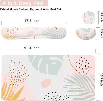 Keyboard Mouse Pad Set, Extended Mouse Pad+Keyboard Wrist Rest Support, Memory Foam Ergonomic Easy Typing, 3Pcs (35.4×15.7 in) Desk Pad Set for Home Office Study Game-Plant
