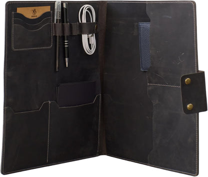 Leather Portfolio Folder - Genuine Leather Document Organizer with Multiple Pockets and Pen Holder – Business Padfolio for A4 Letter Size Papers, Professional Resume or Meeting Use (Charcoal)