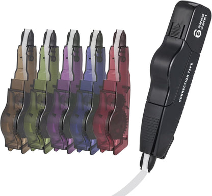 Refillable Quick-Dry White Correction Tape Set, 118ft(36m) Total, 6-Count Pack, Aesthetic Cute Pen-Shaped Applicator, School & Office Supplies(Black)