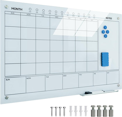 Magnetic Glass Whiteboard 36X24 Monthly Planner Calendar Dry Erase Board for Home, School, Office, Frameless, with Markers, Marker Tray, Eraser, Magnets (White)