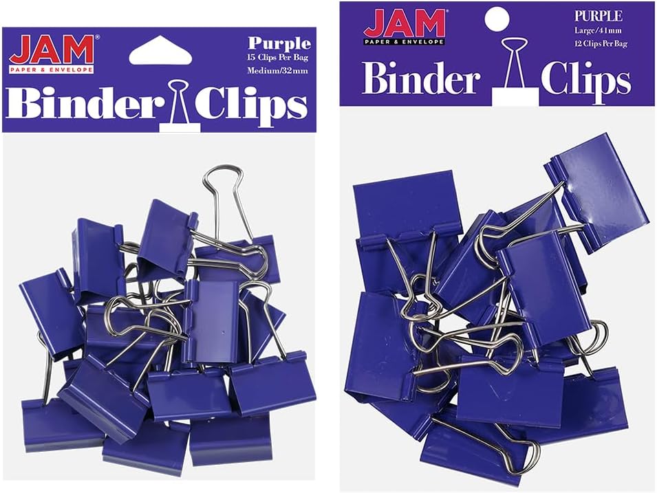 JAM PAPER Colorful Binder Clips Assortment - Medium & Large Size - Purple Binderclips - 27 Clips/Pack