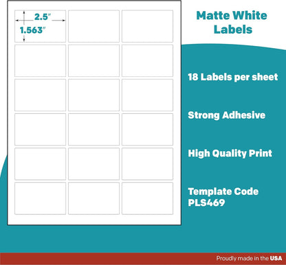 Premium Label Supply White Sticker Rectangle Labels – 2.5" x 1.563" – Laser/Inkjet Compatible – (18 per Sheet), 25 Sheets – 450 Total Adhesive Labels