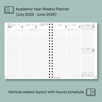 POPRUN Planner 2025-2026 (Large - 8.5'' x 10.5'') Academic Weekly Calendar (July 2025 - June 2026) with Hourly Time Slots, Monthly Tabs, 100GSM Thick Papers, Spiral Leather Cover - Brown