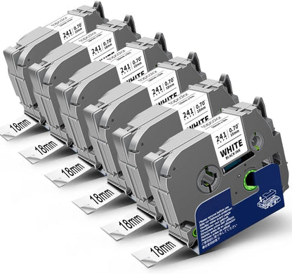 6-Pack Tze 18mm 0.7" Laminated White Compatible for Brother Tze-241 Tze241 Tz-241 Tz241 3/4 Inch Black on White Tz Label Tape 18mm for P Touch Label Maker PTD410 PTD400 PTD610BT PTD600 PTD460