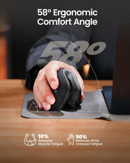 ProtoArc Ergonomic Vertical Mouse, EM11 NL Rechargeable Wireless Mouse Bluetooth, Ergo Mice with 3 Multi-Device for PC/Notebook/Laptop, 2.4GHz Optical Mice for Windows, Mac OS, Gray