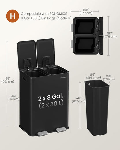 SONGMICS Trash Can, 2 x 8 Gallon (2 x 30 L) Dual-Compartment Garbage Can with Soft-Close Lid, Pedal and Inner Buckets, Stainless Steel, Includes 15 Liner Bags, Ink Black ULTB741B01