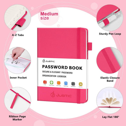 JUBTIC Password Book with Alphabetical Tabs. Medium Size Password Keeper Logbook for Internet Log in, Website Address. Hardcover Password Journal Notebook & Organizer for Home Office, Hot Pink