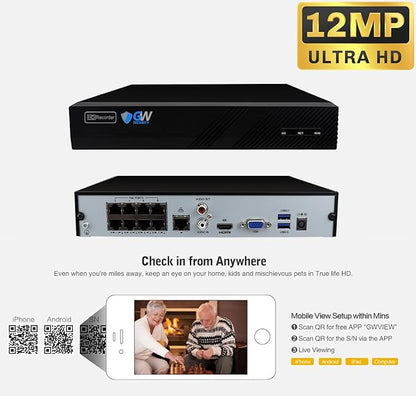 GW Security 8 Channel 4K NVR 5MP POE Audio & Video Security Camera System - Four 5MP 1920P AI Human & Vehicle Detection Weatherproof Bullet Cameras, Built in Microphone, Quick QR Code Easy Setup