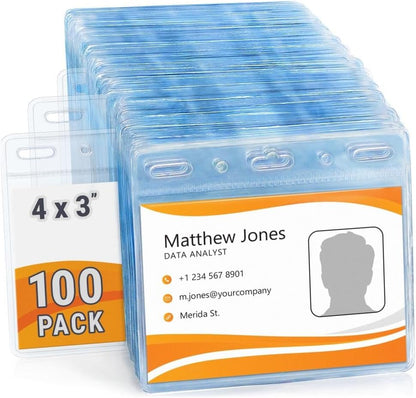 EcoEarth Horizontal Card Protector with Soft Edge (Large 4x3, 100 Pack) Clear Plastic Pouch for ID Name Badge Holders, Conference Nametag Sleeves, No Zipper for Quick and Easy Loading of Card Inserts