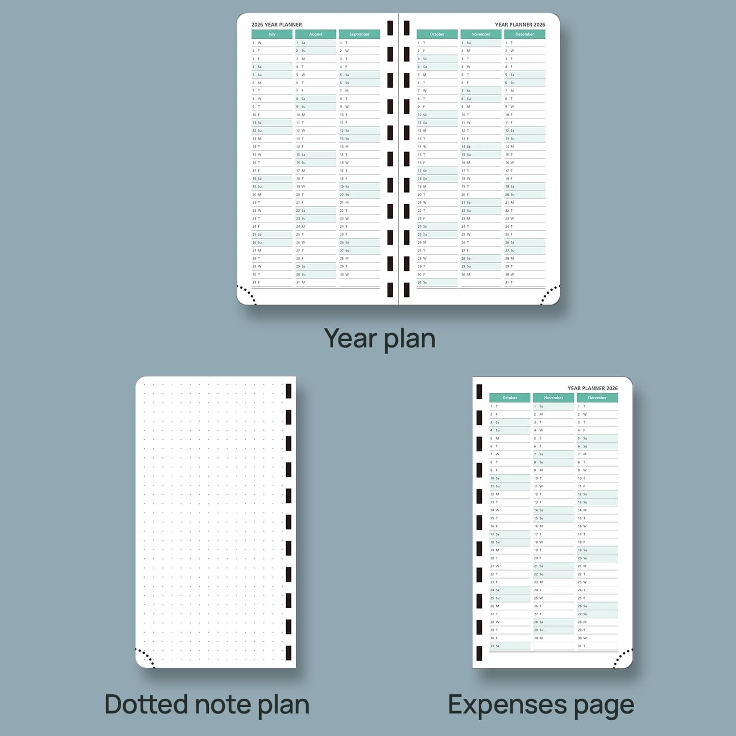 POPRUN 2026 Pocket Planner (Slim Size 3.5" x 6.5") Weekly and Monthly Calendar for Purse, with Hourly Time Slots, 100GSM Thick Paper, Spiral Soft Cover, Pen Holder - Blue Green