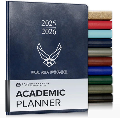 Gallery Leather Academic Planner 2025-2026, Teacher and Student Weekly Monthly Planner, Elegantly Bound Calendar with Gold-Gilded Page Edges, 18 Months - Acadia Navy - US Air Force - 9x7"
