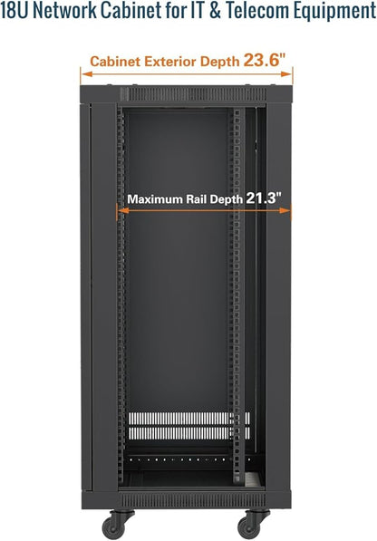 Tecmojo 18U Wall Mount Rack,18U Rack 23.6 Inch Depth,Hold Up to 176 Lbs,Server Rack with Casters,Enclosed Network Cabinet Kit for 19 Inch Network,Server and AV Gear,Glass Door(Elite Collection)