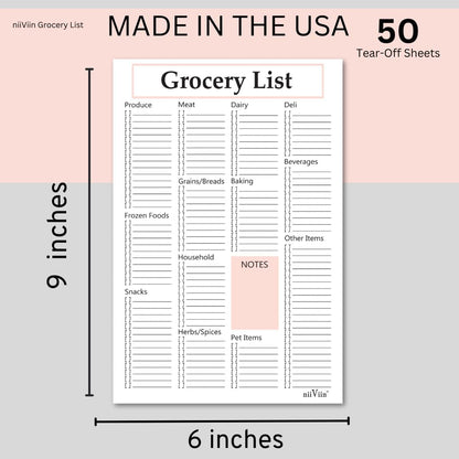 Grocery Shopping List Notepad - 6"x9" Grocery Checklist with Categories and Notes, Thick 105 GSM Paper, 50 Sheets, Easy Tear-Off and Take with You Pad for Food, Household, Pet, and Other Items