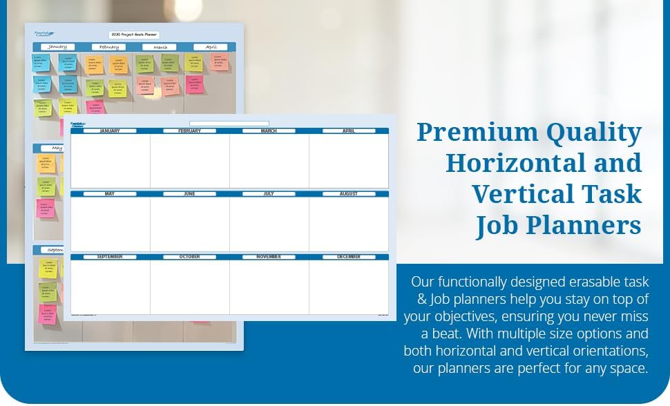 Sky Blue 12 Section Task, Objective and Goals Planning System Horizontal 24" Tall x 36" Wide. Wall Tray, Dry-Erase Marker, Eraser and 600 Sticky-Notes