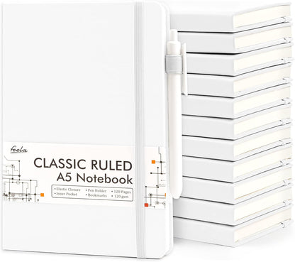 feela 12 Pack Notebooks Journals Bulk, Hardcover Notebook Classic Ruled Lined Journals with Pen Holder for Women Girls School Business Supplies, with 12 Black Pens, 120 GSM, 5.1”x8.3”, A5, White