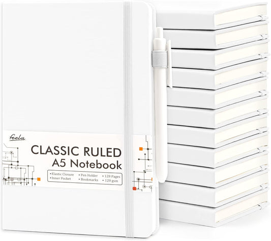 feela 12 Pack Notebooks Journals Bulk, Hardcover Notebook Classic Ruled Lined Journals with Pen Holder for Women Girls School Business Supplies, with 12 Black Pens, 120 GSM, 5.1”x8.3”, A5, White