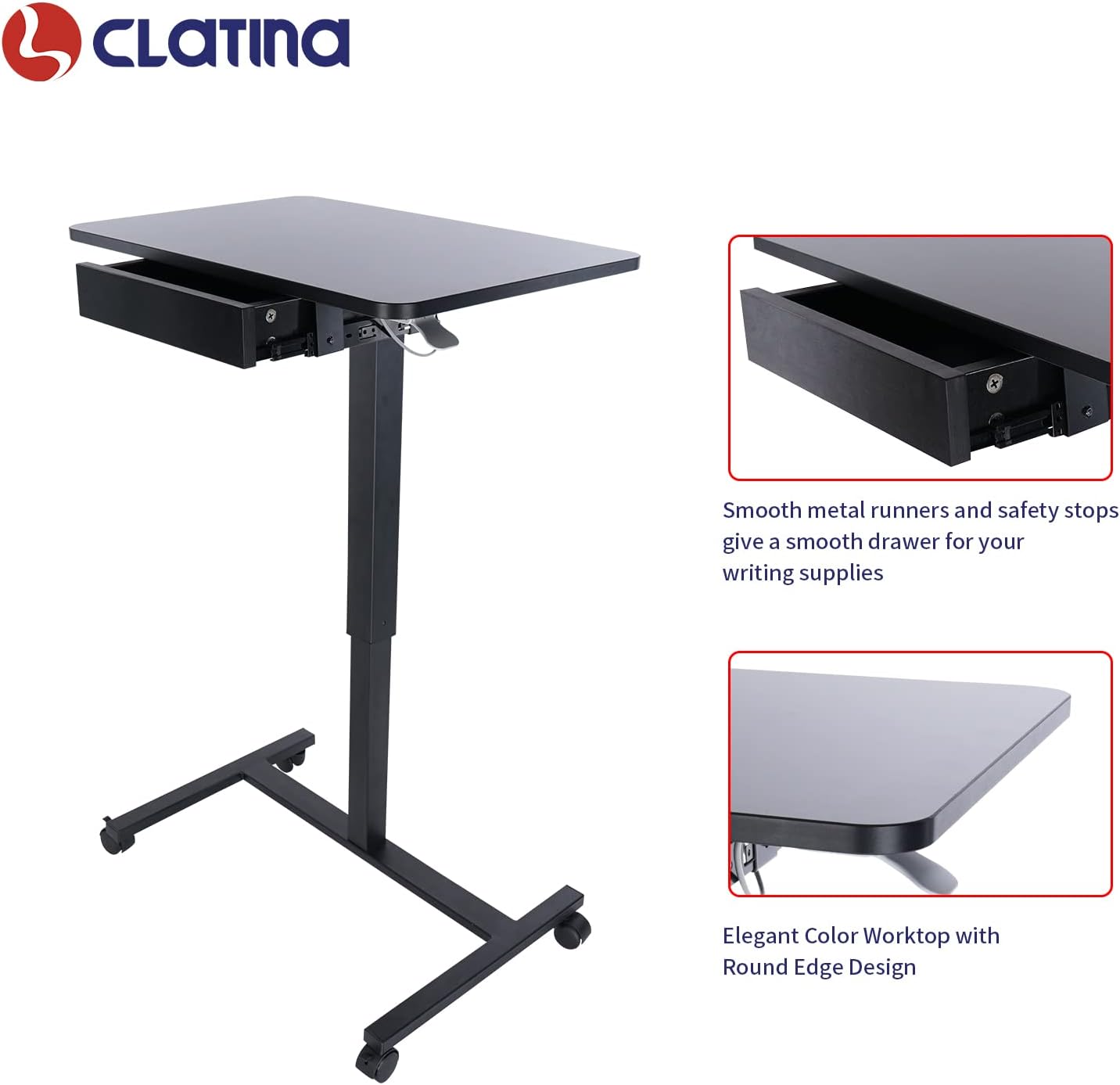 CLATINA Mobile Laptop Standing Desk, Height Adjustable Teacher Podium with Lockable Wheels, Adjustable Work Table with Drawer, Computer Cart Overbed Table for Home Office Classroom, Black