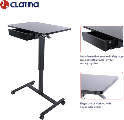 CLATINA Mobile Laptop Standing Desk, Height Adjustable Teacher Podium with Lockable Wheels, Adjustable Work Table with Drawer, Computer Cart Overbed Table for Home Office Classroom, Black