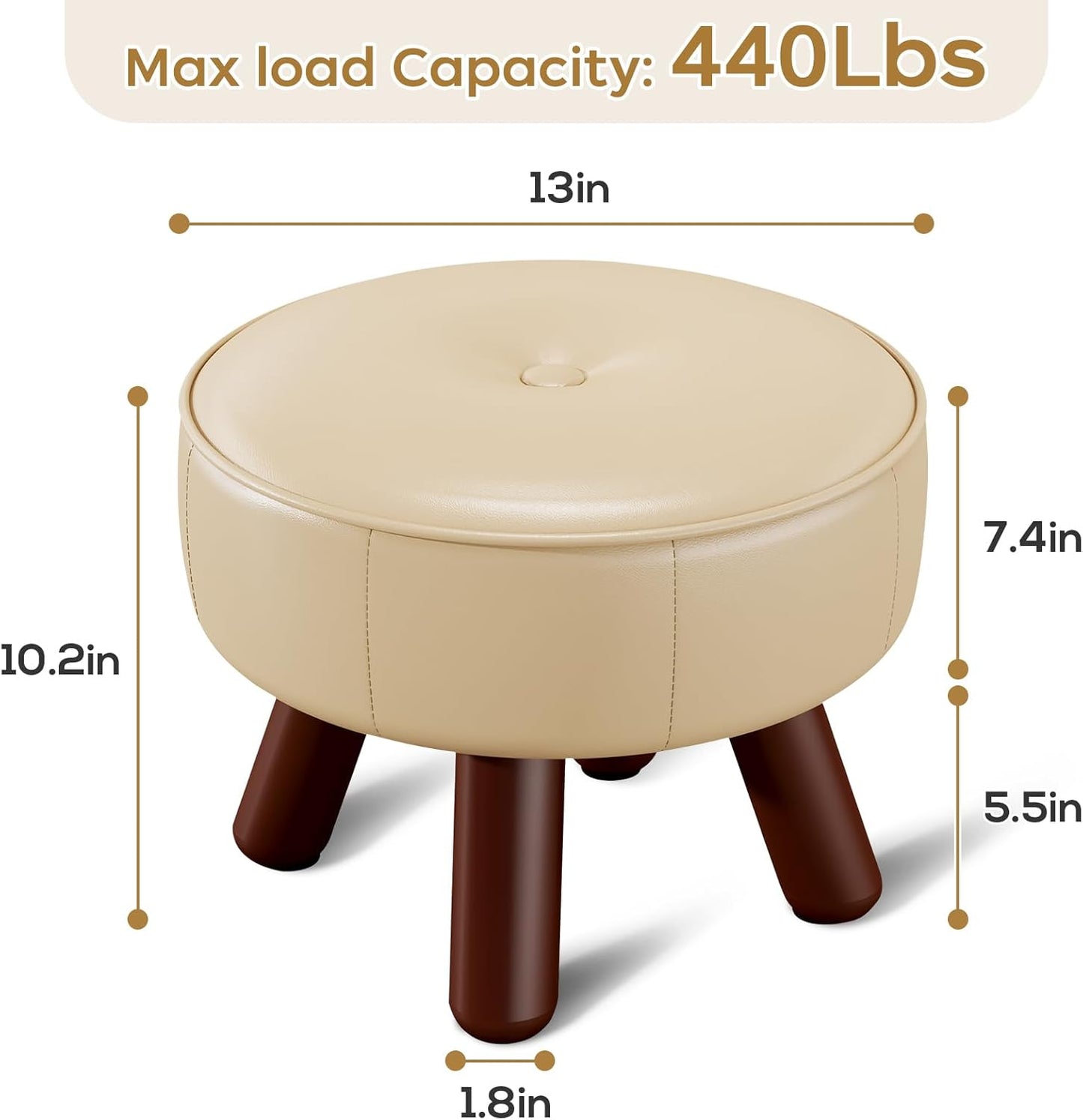 Small Foot Stool 13in, Round Faux Leaher Ottoman Foot Rest for Living Room, Under Desk Footstool Foot Rest with Non-Skid Rubber Legs for Bedroom, Entryway, 13''L x 13''W x 10.2''H, White