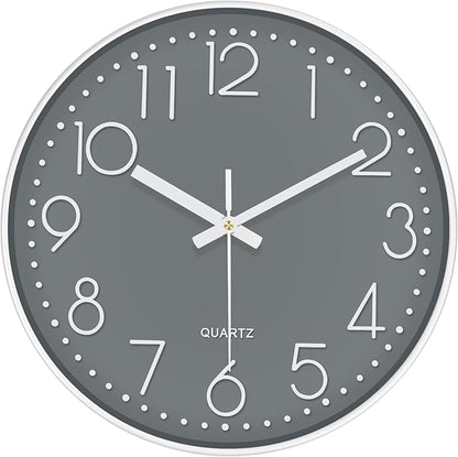 Silent Wall Clocks Battery Operated 8 Inch, Analog Wall Clock with Oversized Number Tempered Glass Clock Face, Quartz Non Ticking Wall Clocks for Living Room Bedroom Kitchen Office, Grey