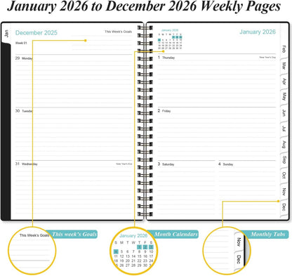 2026 Planner - Planner 2026 from January 2026 - December 2026, Weekly & Monthly Planner Spiral Bound with 12 Monthly Tabs, Inner Pocket, 6.4" x 8.5", Black-B