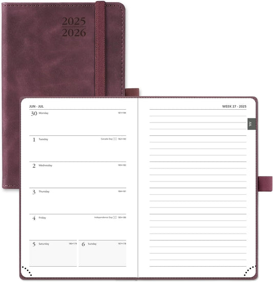POPRUN Planner 2025-2026 Weekly Notebook for Purse(Pocket Size 4''x 6.25'') Small Academic Calendar (JUL.25 - JUN.26) with Monthly Tabs, Leather Soft Cover, Inner Pocket, 100 GSM - Claret
