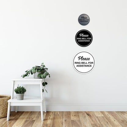 Signs ByLITA Circle Please Ring Bell For Assistance Wall or Door Sign | Easy Installation | Front Desk Reception Sign (Brushed Silver) - Small (5 Pack)