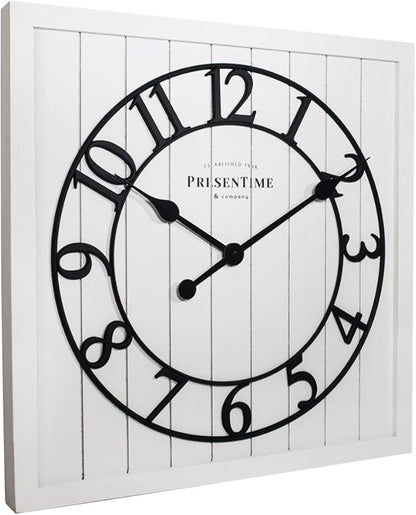 Presentime & Co 21" Farmhouse Square Shiplap Barn Door Wood Clock - White, Arabic Numeral. Home Decoration/Wall Decoration/Farmhouse Décor for Living Room, Dining Room, and Entryway.