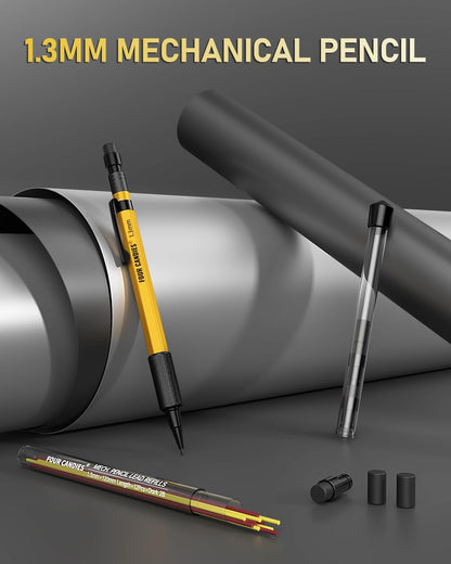 Four Candies 1.3mm Mechanical Pencil Set with 24 Lead Refills, Metal Weatherproof Heavy Duty Outdoor Carpenter Pencil, Eraser, 6 Eraser Refills for Architect Drafting Woodworking Marking with Case