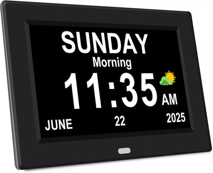 7‘’ Digital Alarm Clock for Elderly Large Display for Seniors Electric Clocks with Date Day of Week 12 Alarms 4 Colors Desk Wall Calendar Clocks for Memory Loss Alzheimers Dementia Auto DST/Dimmer