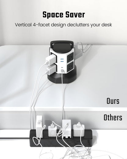 Tower Surge Protector Power Strip, JACKYLED Extension Cord with Multiple Outlets, 8 Outlets 4 USB Ports(2 USB C) 1625W/13A Retractable Cord Charging Station with 1050J Protection, Home Office Supplies