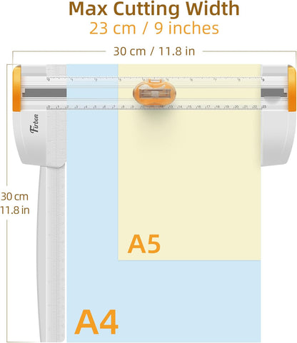 Firbon 3-in-1 Paper Cutter, 9" Compact A5 Paper Trimmer with Straight Cut, Scoring & Perforating Blades for Cardstock, Scrapbooking, Crafting, Labels & Home Office (Orange)