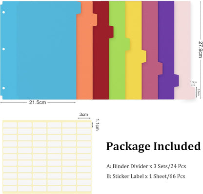 24PCS/3 Set Binder Dividers with Tabs, 8-Tab Dividers for 3 Ring Binder, 3-Hole Punched Letter Size Plastic 3 Ring Binder Dividers for School Office Home Document Organizer, Multicolor
