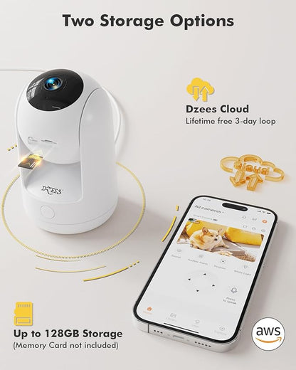 Dzees 5G/2.4G WiFi Indoor Security Camera Pet Camera No Subscription, 2K 360° WiFi Cameras, Wired Dog Pet Camera with Phone App, MagicPix Night Vision, Calls, 2-Way Audio, 24/7, Motion Tracking