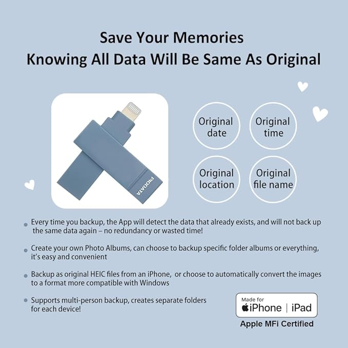 128 GB Apple MFi Certified iXflash Backup Flash Drive 2-in-1 USB for iPhone, iPad, and Computer Morandi Blue, USB Type A & Lightning, Best Photo Stick for iPhone Photo Transfer and Storage
