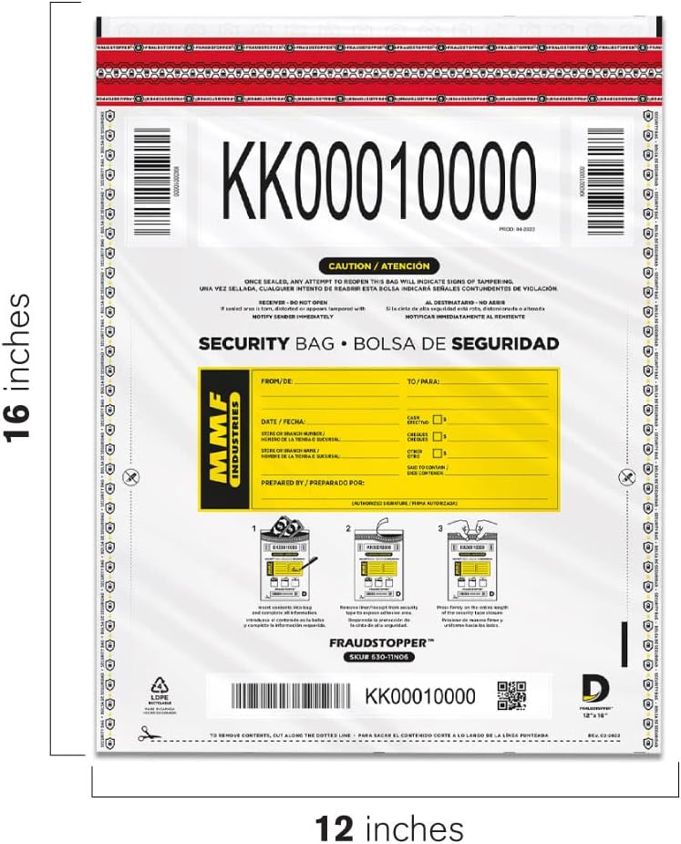 MMF Industries Cash Transmittal Bags | 12W x 16H | Pack of 100 | Unique Alphanumeric Numbering | Self-Sealing Adhesive | Four Tamper Indicators | Folded Bottom | Deposit Plastic Bags