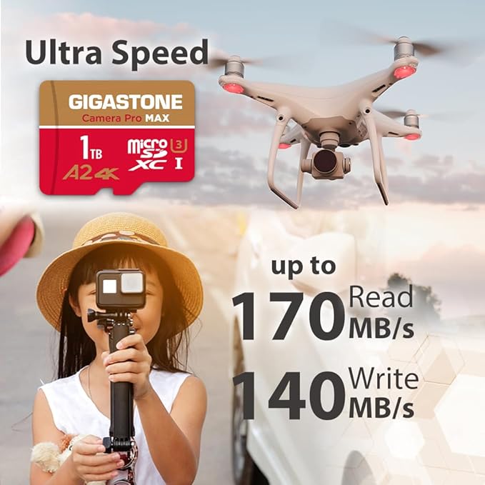 【5-Years Data Recovery】 GIGASTONE 1TB Micro SD Card, 4K Camera Pro MAX, 4K Video Recording for GoPro, DJI, Drone, R/W up to 170/140 MB/s MicroSDXC Memory Card UHS-I U3 A2 V30, with Adapter